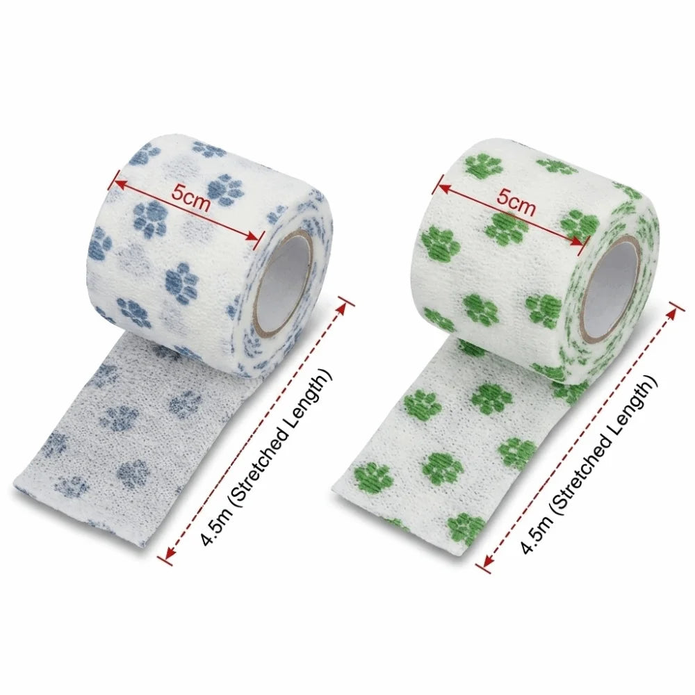 Elastic Fiber Pet Self-adhesive Bandage Non-woven Fabric Breathable Dog Paw Wrap Printed Paw Pattern Stretchable