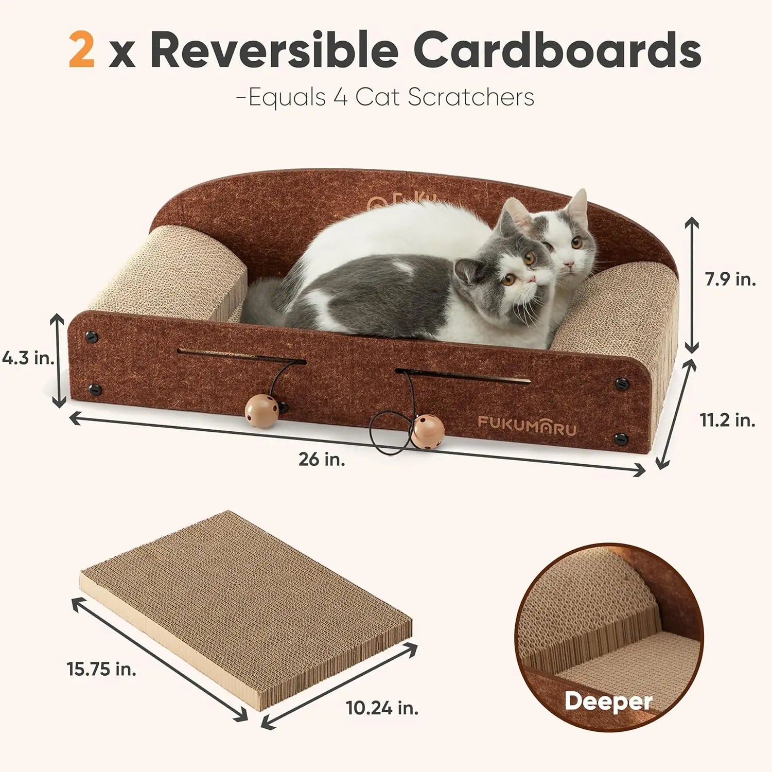 26in Cat Scratcher Lounger with Reversible Cardboard Pads & Toys
