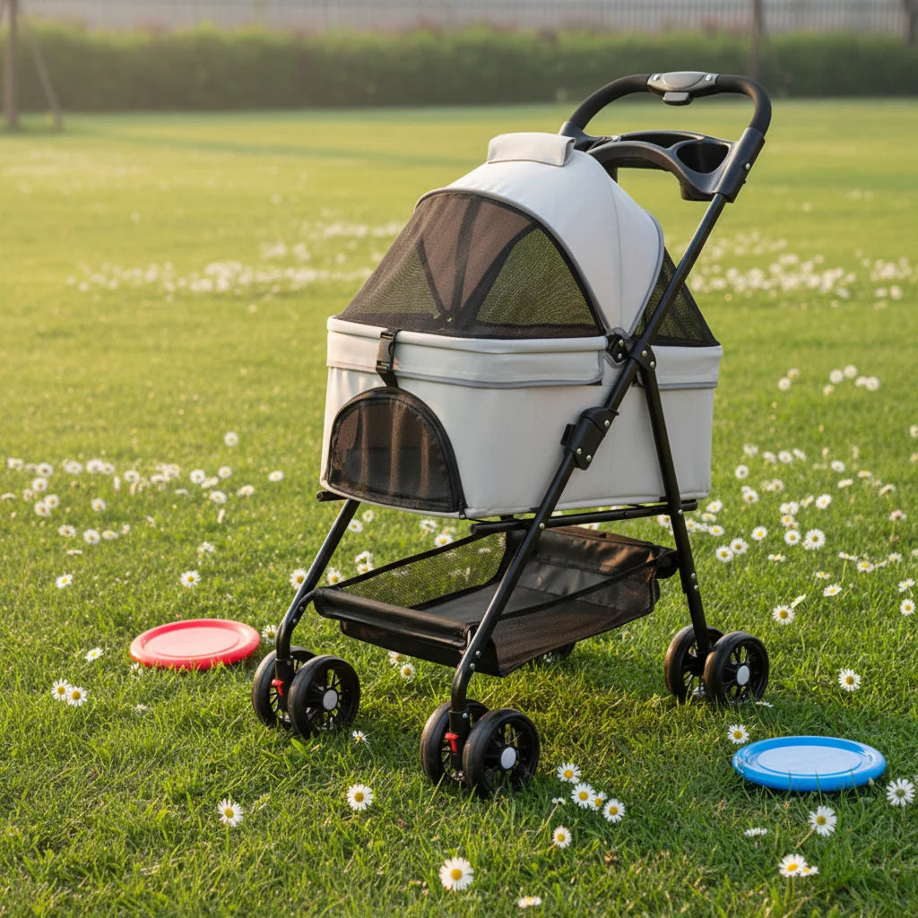 Foldable 4-Wheel Lightweight Eco-Friendly All-Season Pet Stroller Oxford Metal Frame Portable For Small Medium Pets 17kg Maximum
