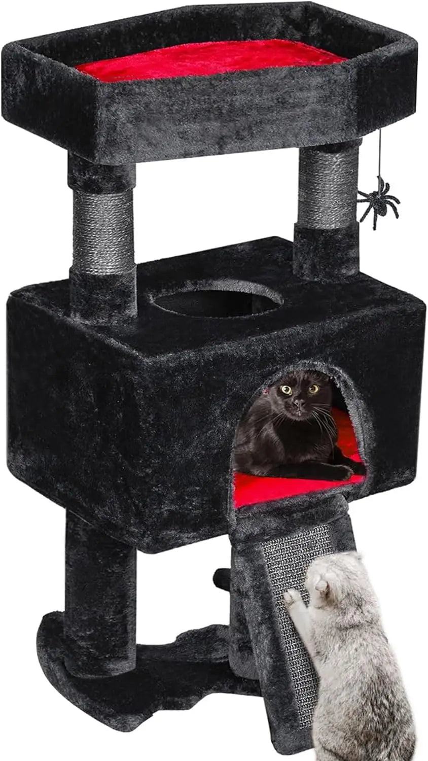 Gothic Cat Tree Tower with Coffin Bed (33.6in, Black & Red)