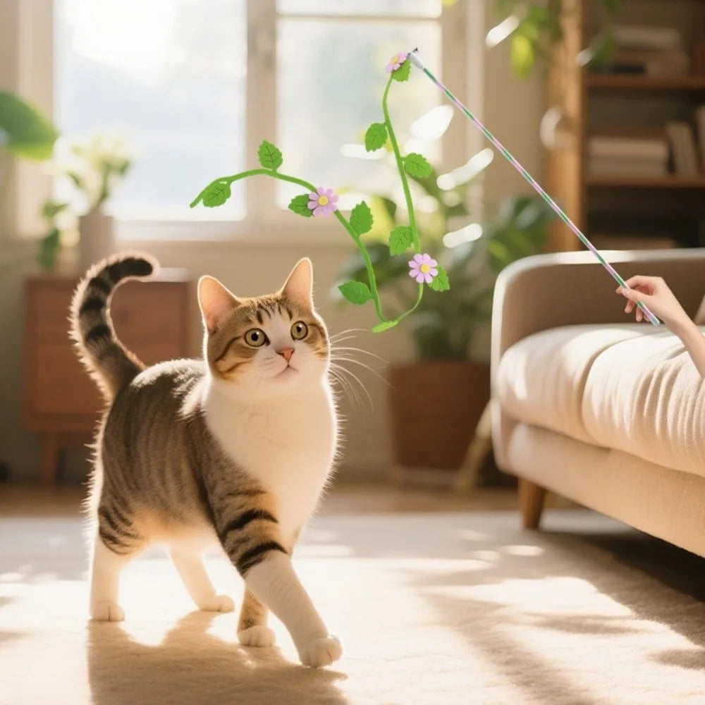 Felt Flower & Leaf Cat Teaser Wand Stick — Creative Long Interactive Kitten Play Toy