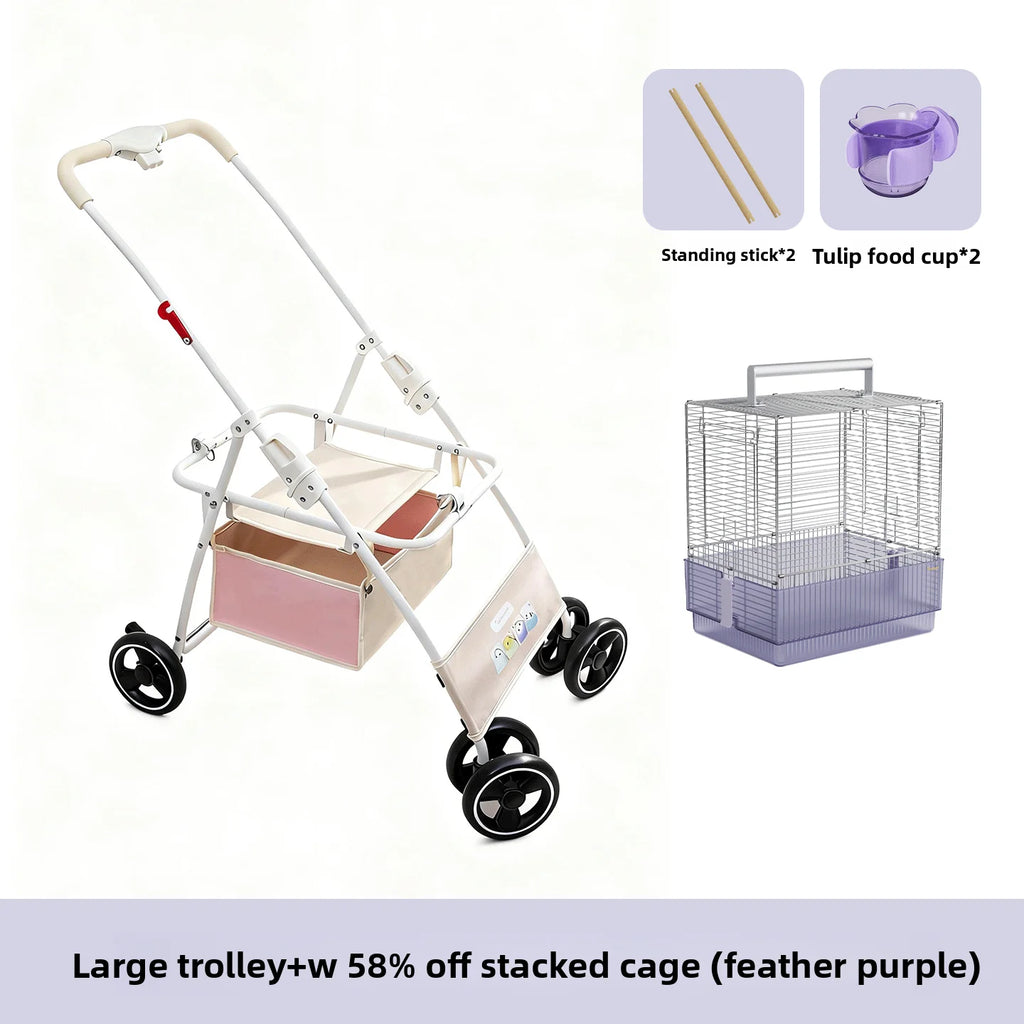 Foldable Lightweight Pet Stroller for Parrots Dogs Cats Outdoor Travel Carrier with Storage Space Portable Pet Transport Cart