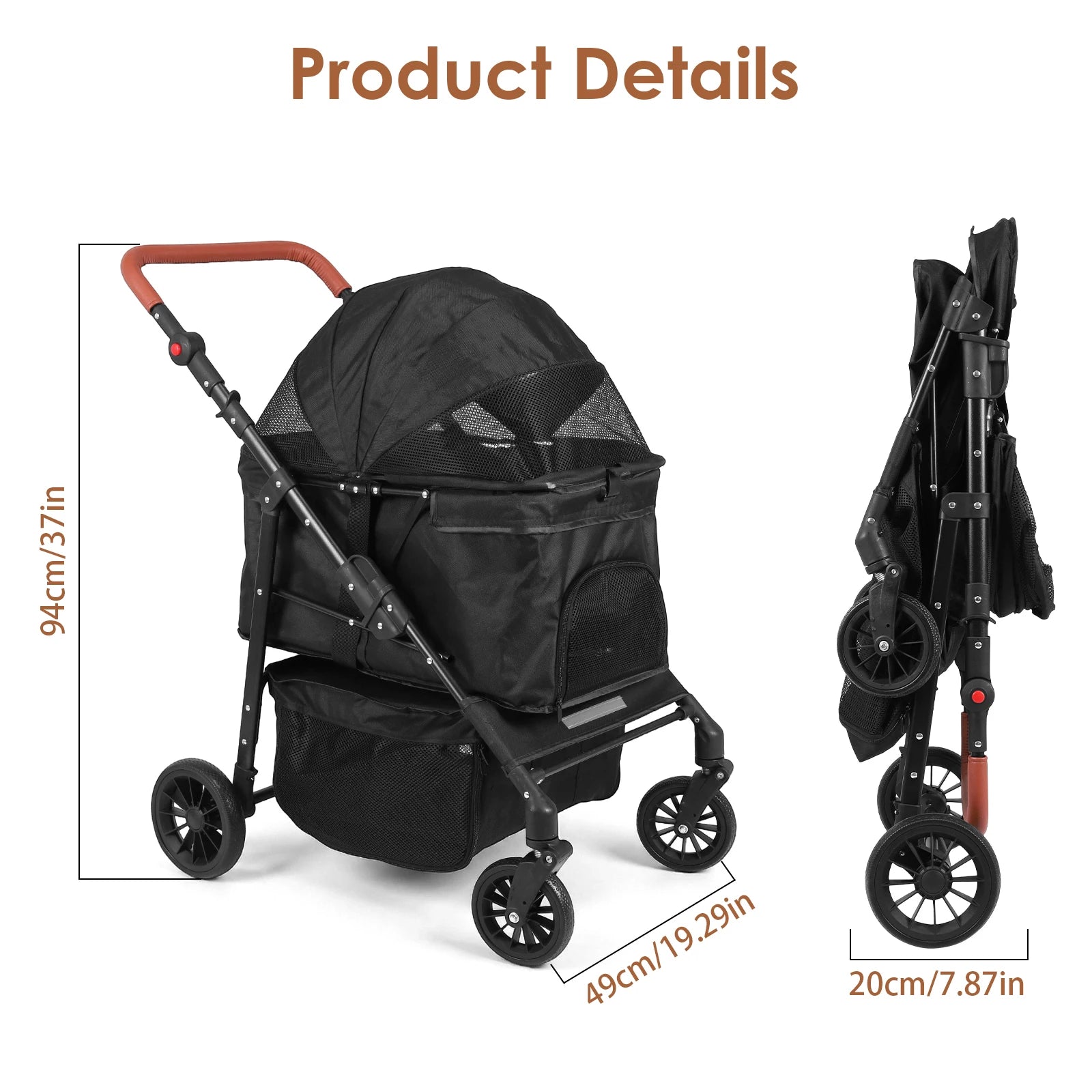 Pet Stroller Up To 33 Lbs Foldable Travel Jogger 4 Wheels Folding Adjustable Handle Reflective Strip for Jogging Running