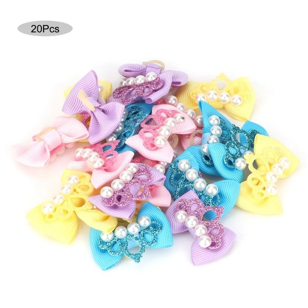 20pcs Bow Shaped Pet Hair Bow Elastic Band Cartoon Look Dog Hair Tie Crown Style Soft Textured Pet Crown Ornament