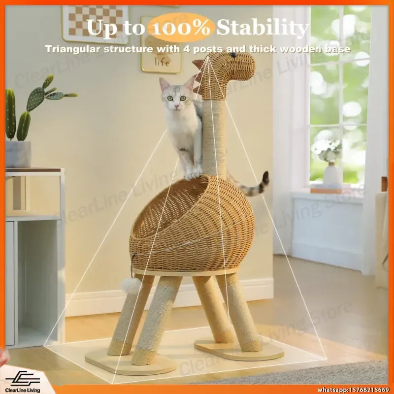 Dinosaur-Themed Rattan Cat Tree with Sisal Scratching Post