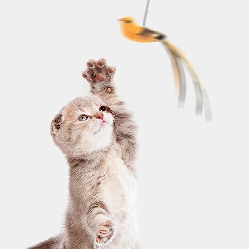 Simulated Bird Feather Cat Teaser Stick with Epoxy Sucker & Steel Wire Rod