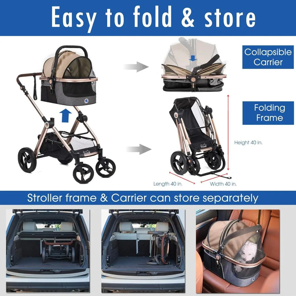 Pet Rover Prime 3-in-1 Luxury Dog/Cat Stroller (Travel Carrier + Car Seat + Stroller) with Detach Carrier/Pump-Free Rubber Tire