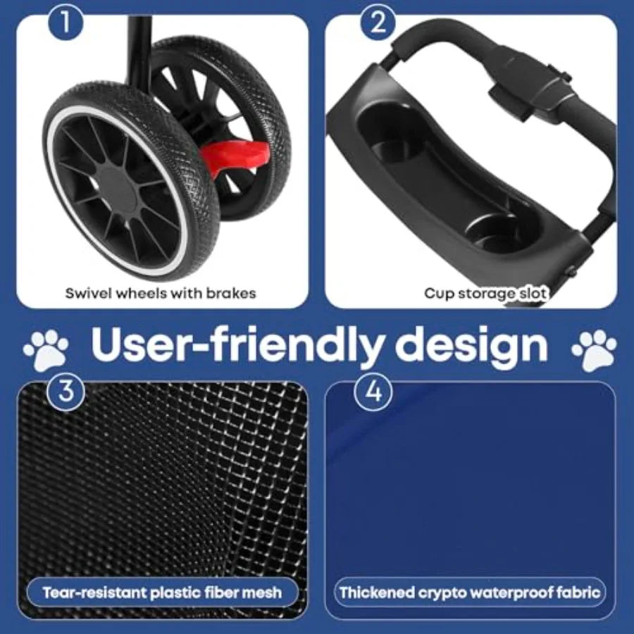 Pet Stroller, Dog Stroller for Small Medium Dogs Cats, 3 Wheels, Foldable, with Breathable Mesh Canopy, Cup Holders, Easy Assem