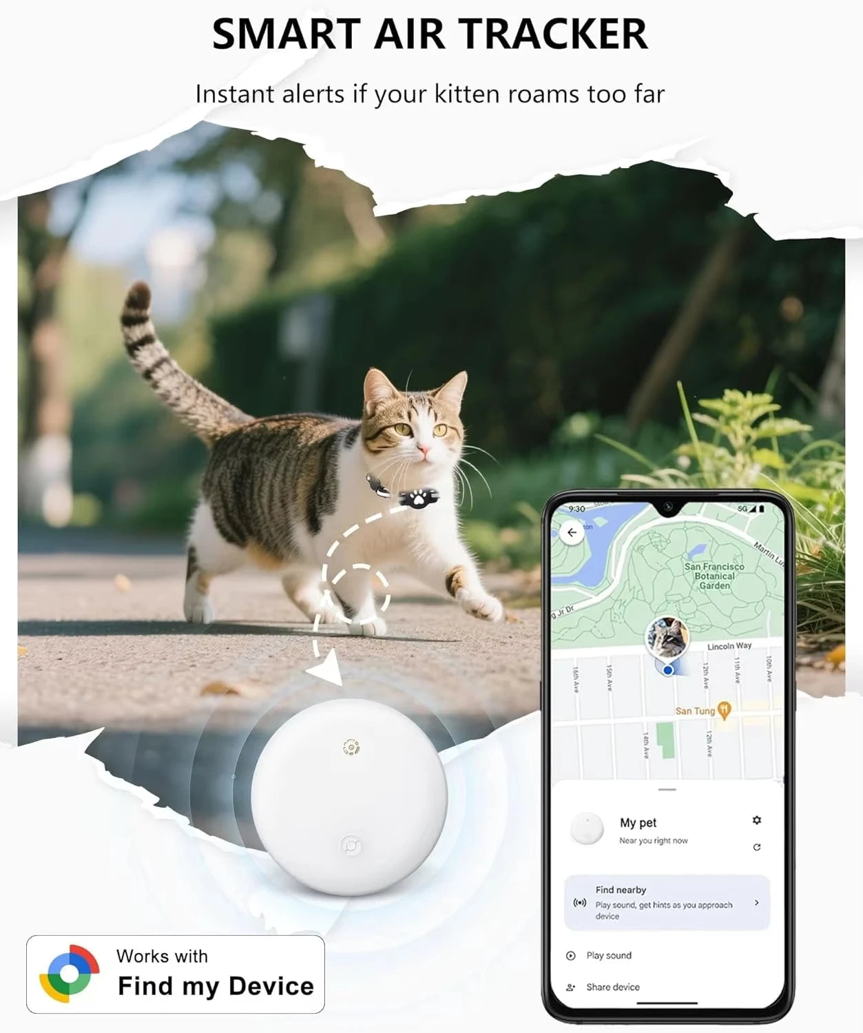 Lightweight Waterproof Smart Cat Tracking Collar - Google Find Hub Compatible Anti-Loss Bluetooth GPS Locator