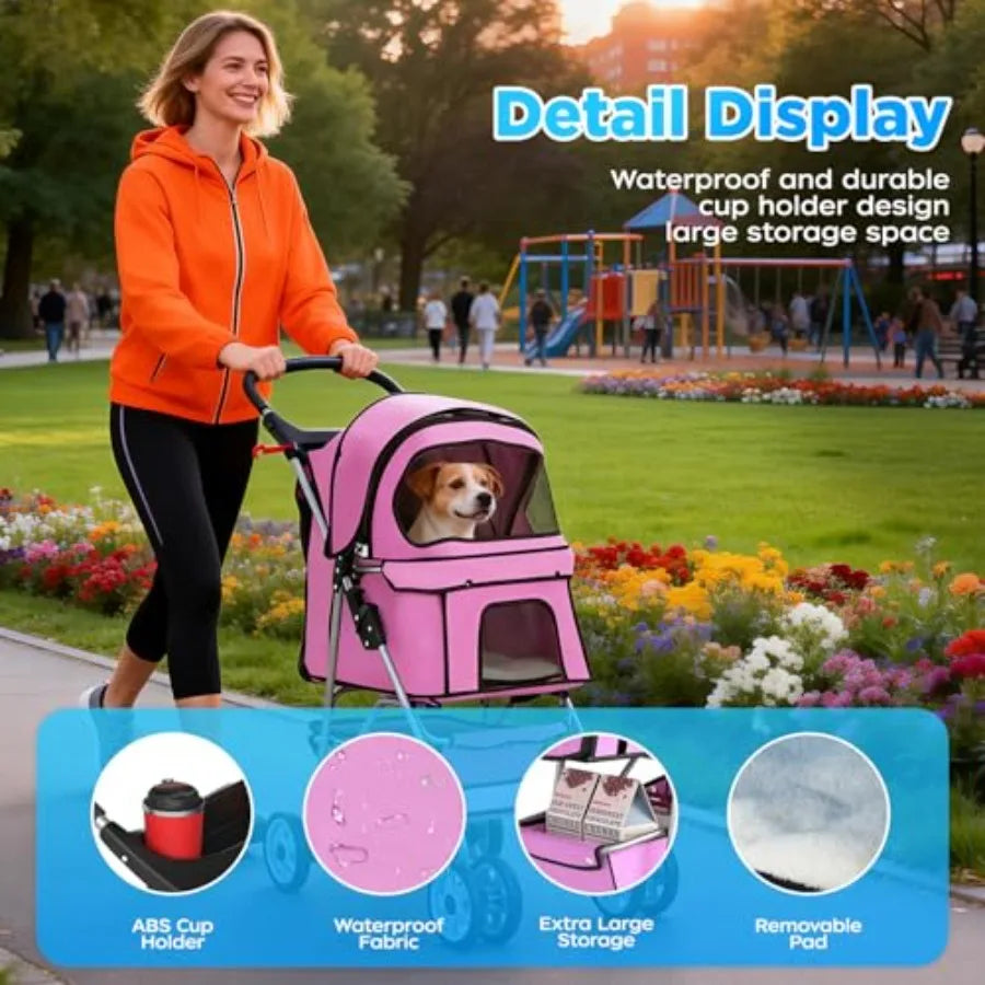 BestOffice Pet Stroller for Small Medium Dogs Cats, 4-Wheel Foldable Dog Stroller with Cup Holder, Lightweight Travel Carrier,