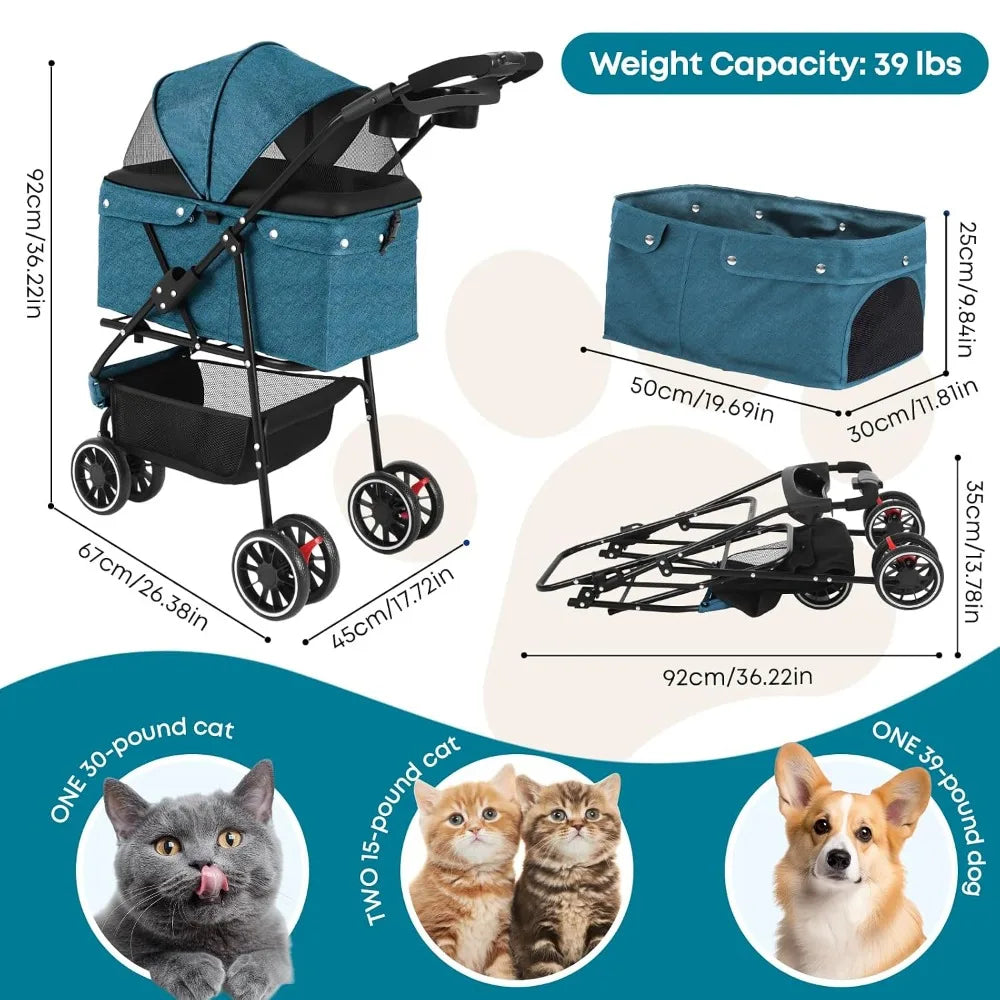 3-Wheel Pet Stroller for Small to Medium Dogs & Cats, Foldable with Mesh Canopy & Cup Holders, Easy Assembly
