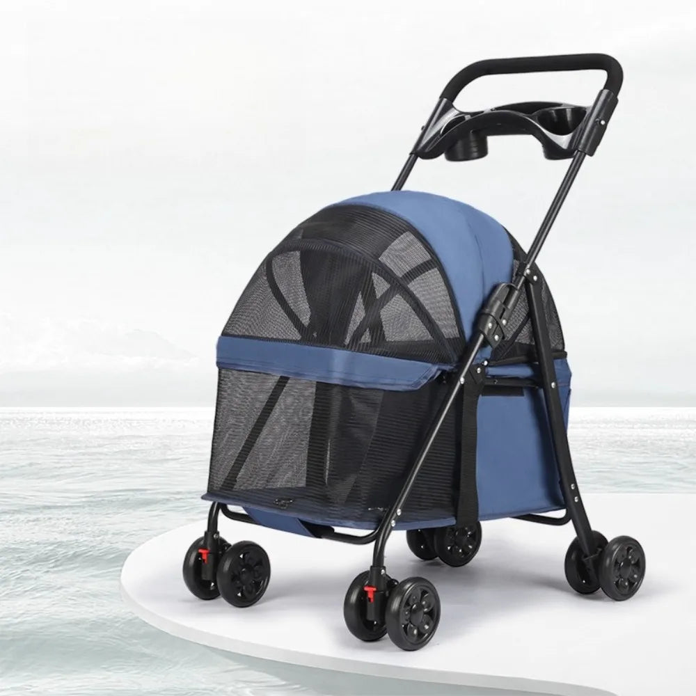Foldable Pet Stroller for Dogs Cats 4 Wheels Breathable Mesh Dog Carrier with Cup Holder Lightweight Travel Puppy Pushchair