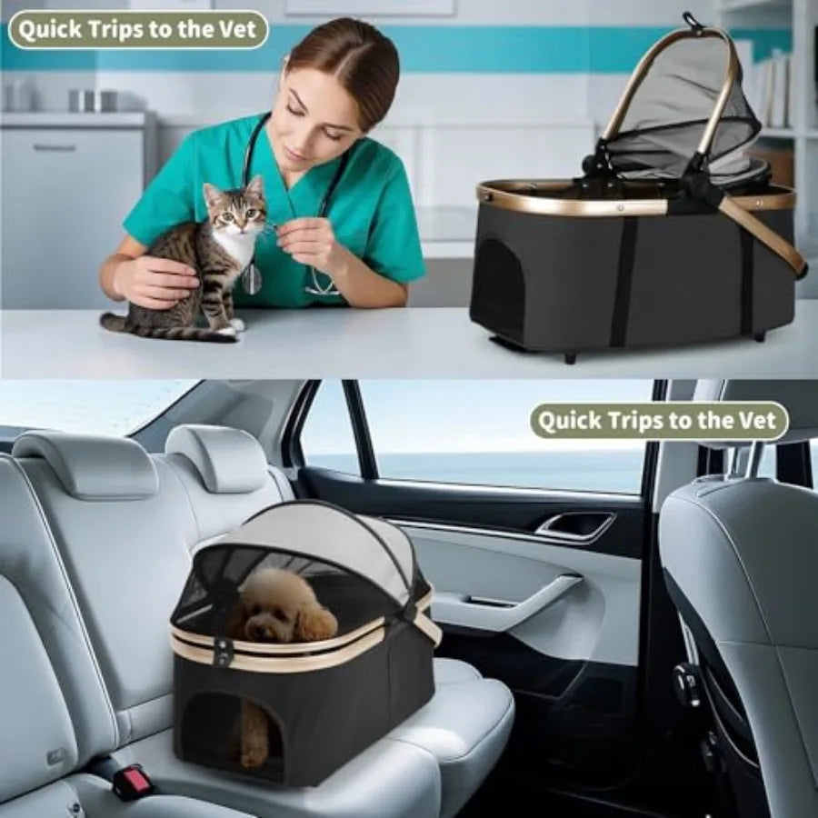Double Pet Stroller for Dogs and Cats: Dog Stroller Foldable Travel Carriage with Detachable Carriers, Safety Belts, and 4 Lock