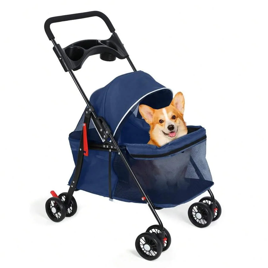 【New style】Blue Outdoor Travel Pet Folding Stroller, Dog Cat Cage Stroller With Cup Holder, Breathable And Visible Mesh For Sma