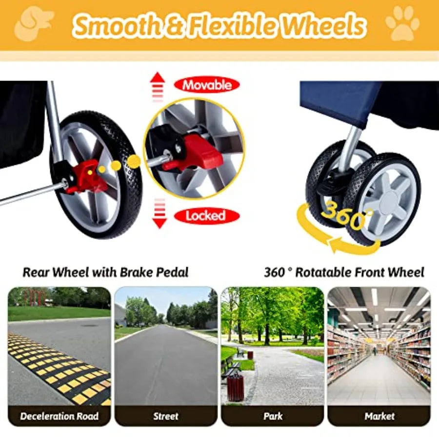Pet Stroller, 4 Wheels Pet Strolling Cart for Medium/Small Dogs and Cats, Foldable Cat Jogger/Dog Stroller with Cup Holder, Sto