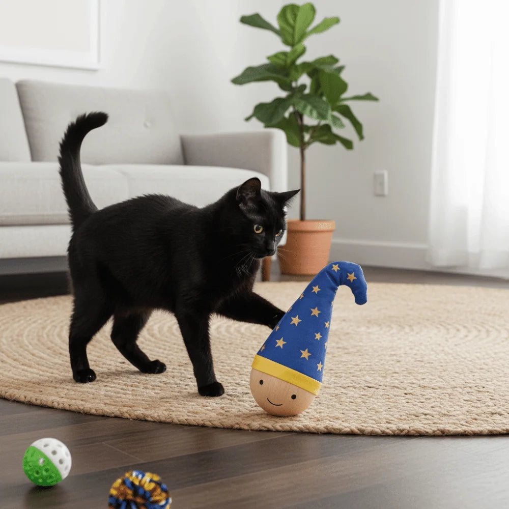Wood Base Turkey Feather Cat Tumbler Toy — Bite-Resistant Self-Righting Interactive Teeth-Cleaning Teaser