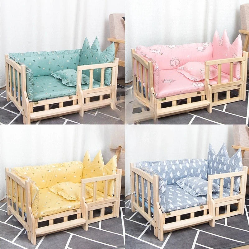 Elevated Solid Wood Pet Bed, All-Season Washable Cover