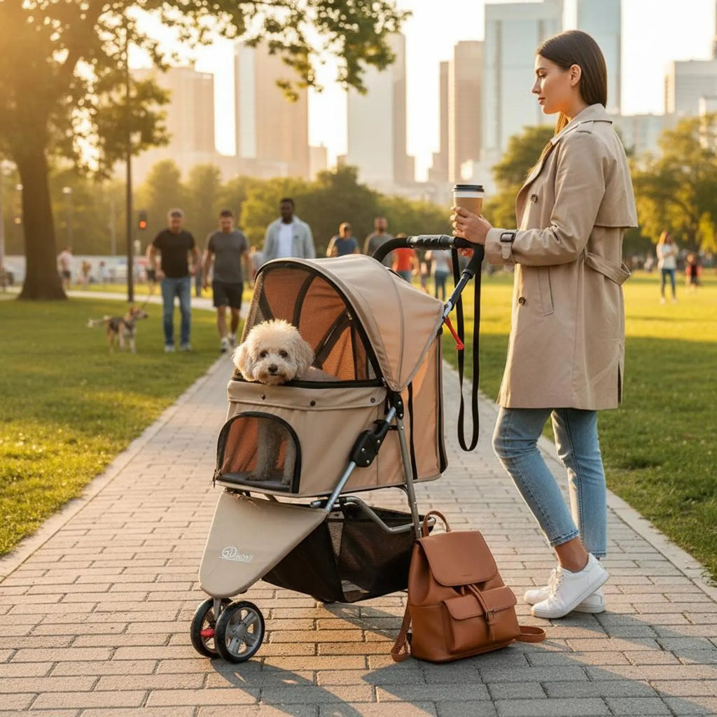 3-Wheel Pet Pet Carriage Foldable Folding Dog Pet Carriage Lightweight Cat Carrier Breathable Mesh Single-Button Fold