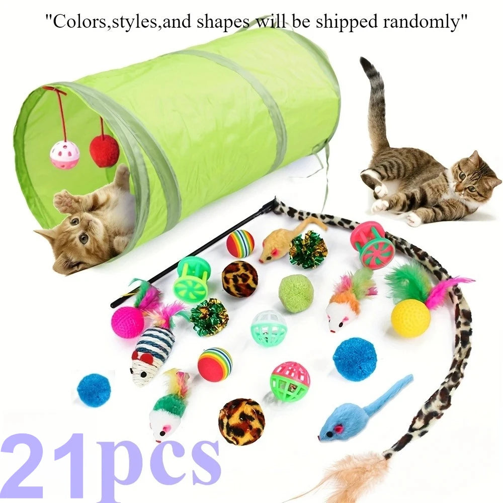 21-Piece Mixed Cat Toy Set — Plastic & Plush Variety Pack for Multiple Cats