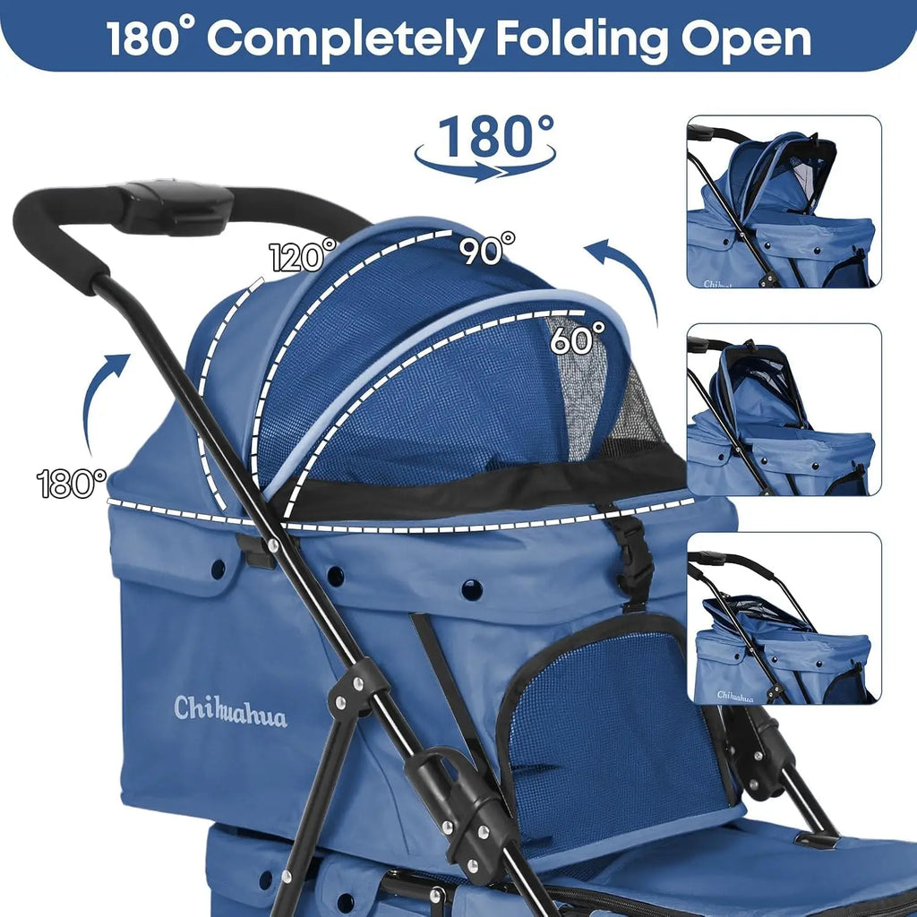 Double Pet Stroller for 2 Dogs or Cats, Lightweight Folding, 4 Lockable Wheels, Navy Blue