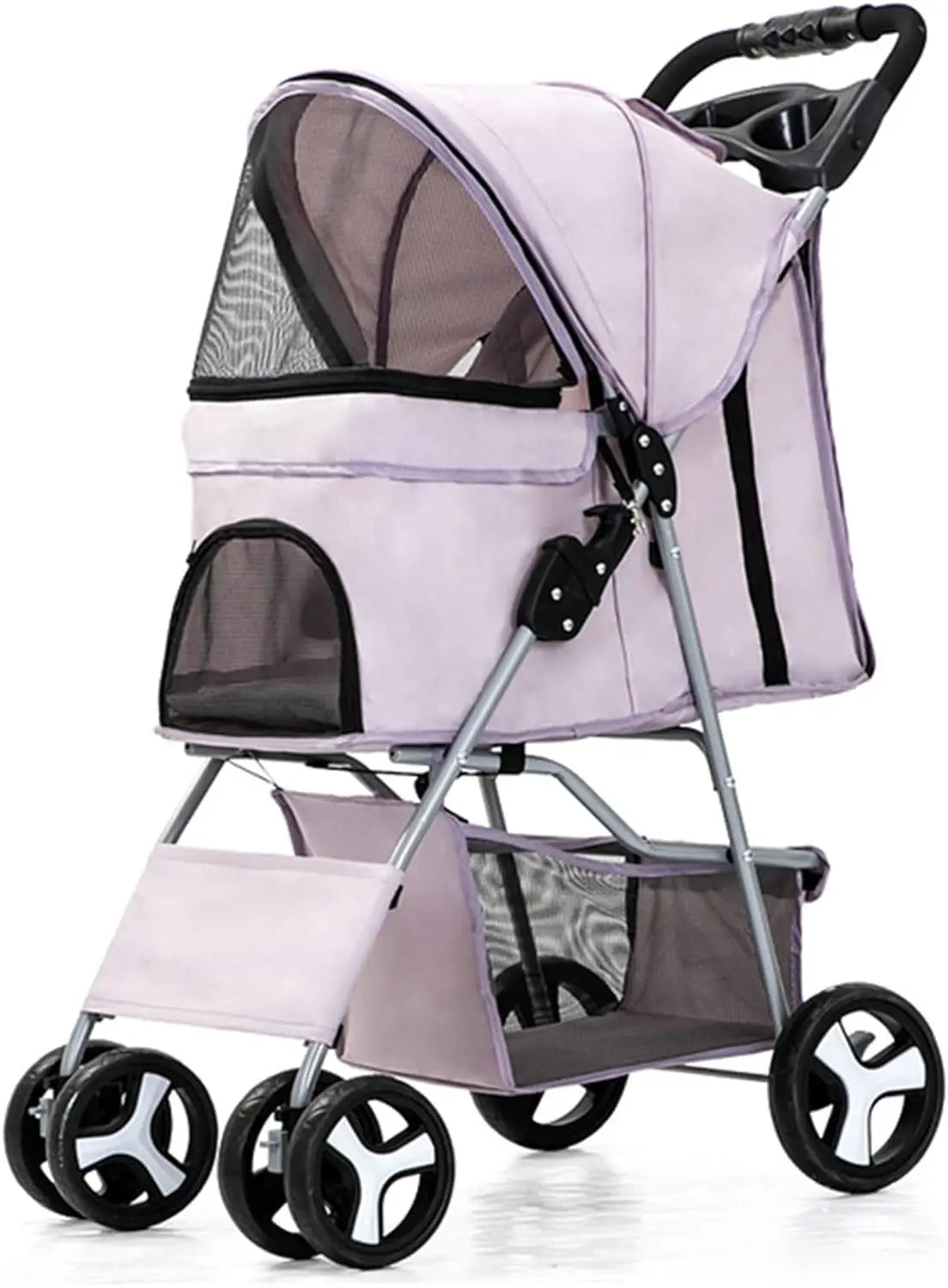 4-Wheel Pet Jogger Stroller with Cup Holder & Storage Basket - Travel Pushchair for Small & Medium Dogs & Cats