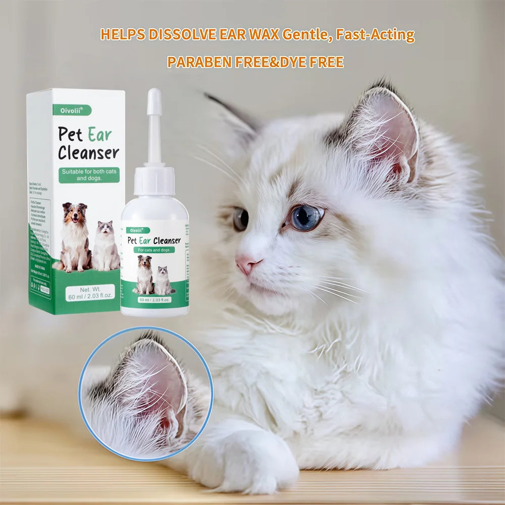 Pet Ear Drops 60ml Ultra-Soft Tip Ear Wash Cleaner for Dogs Cats - Gentle Wax Remover, Deodorizing Soothing Ear Hygiene Care