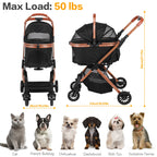 Folding Stroller All Terrain 4 Wheels Puppy Cage Jogger Stroller with Detachable Carrier with Sun Shades for Large & Medium Dogs